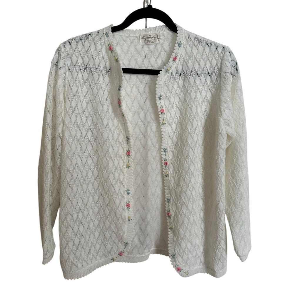 Vintage Dayne Taylor White Pointelle Knit Cardigan with Floral Embroidery Japan